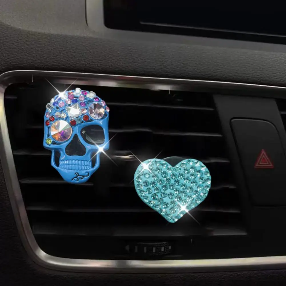 Skull Car Accessories Unique Car Gift for Men 2 Pcs Rhinestone Skull Heart Car Air Vent Clips Shiny Dashboard Trim Ornaments