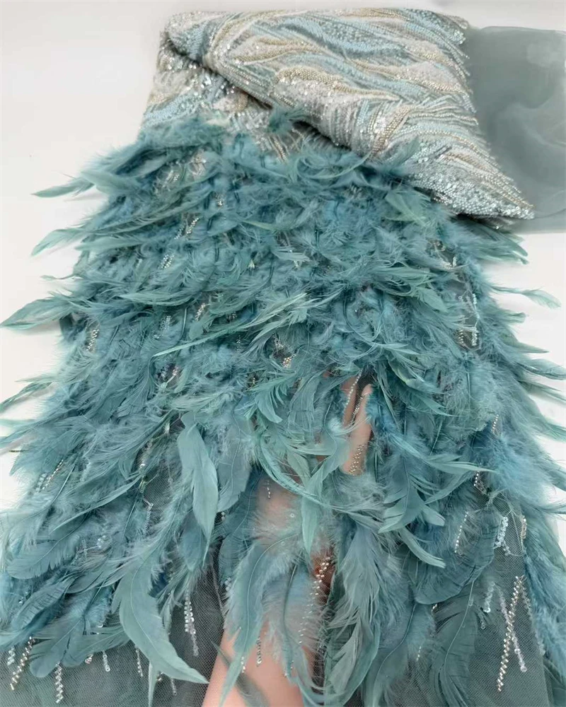 

African 3D Feather Mesh Lace Fabric 2026 French Nigerian Handmade Beaded Sequin Lace Fabric for Ladies Party Dress Sewing