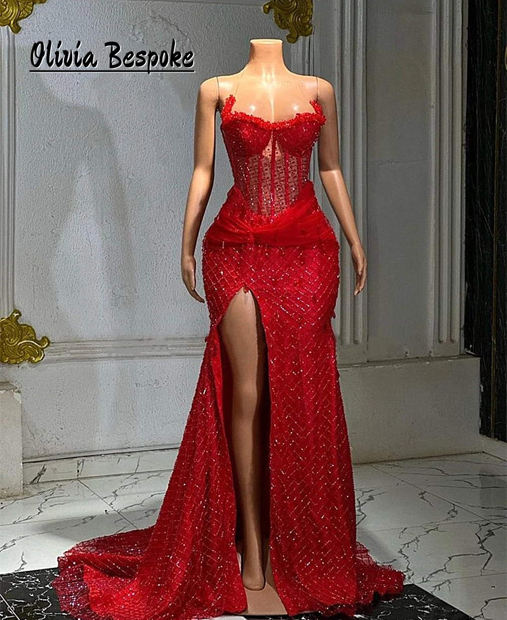 Glamorous Red African Mermaid Prom Dresses Split Aso Ebi Evening Party Gowns Bedings Corset Wedding Reception Dress Customized