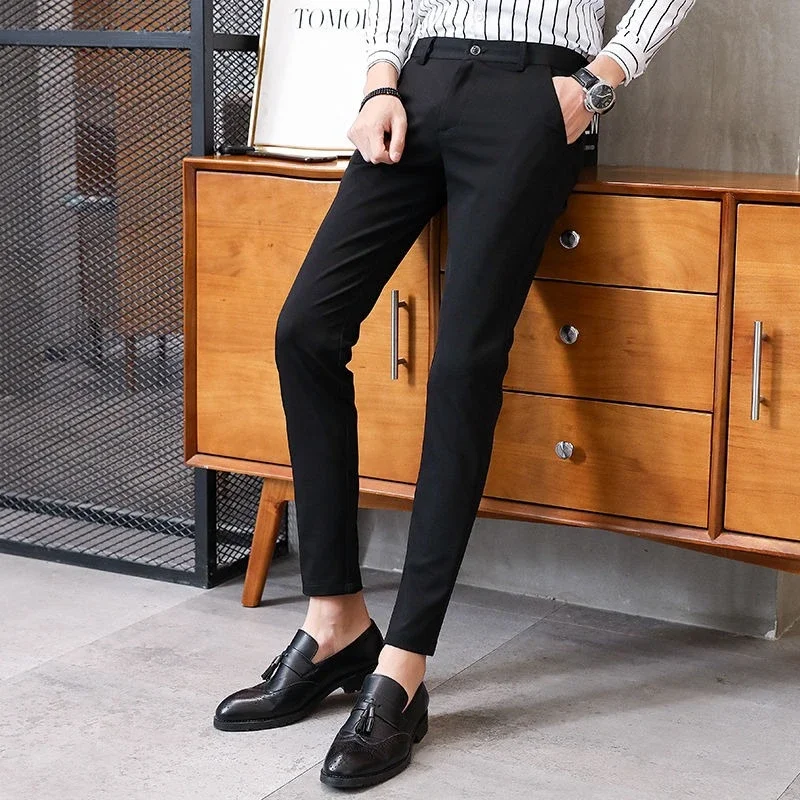 

Plain Men's Suits Pants Slim Fit Black Pocket Elegant Korean Style Clothes Cheap Spring Summer 2025 Dress Up Male Suit Trousers
