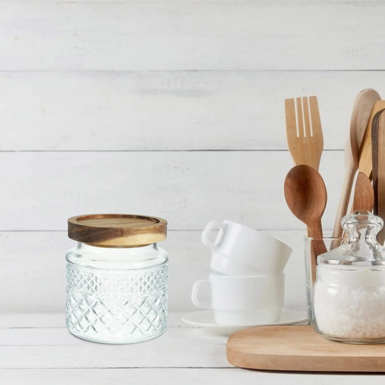 Glass Storage Jar with Wood Lid Airtight Food Container for Tea Coffee Sugar Flour Cereal Biscuits Baking Powder Pantry