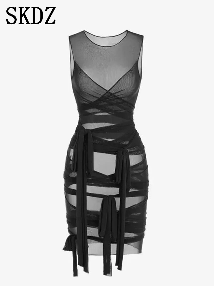 Nightclub Sexy Women\'s Short Skirt New Design Sense Irregular Strap Mesh Perspective Round Neck Tight Waist Wrap Oversized Dress