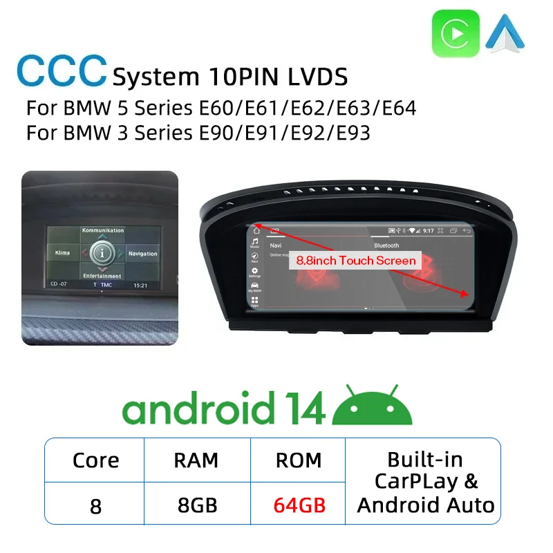 Android 14 Draadloos Carplay Scherm voor BMW E60 E61 E62 E63 E90 E91 E92 2005-2012 Autoradio Multimedia Speler Navigatie GPS DSP