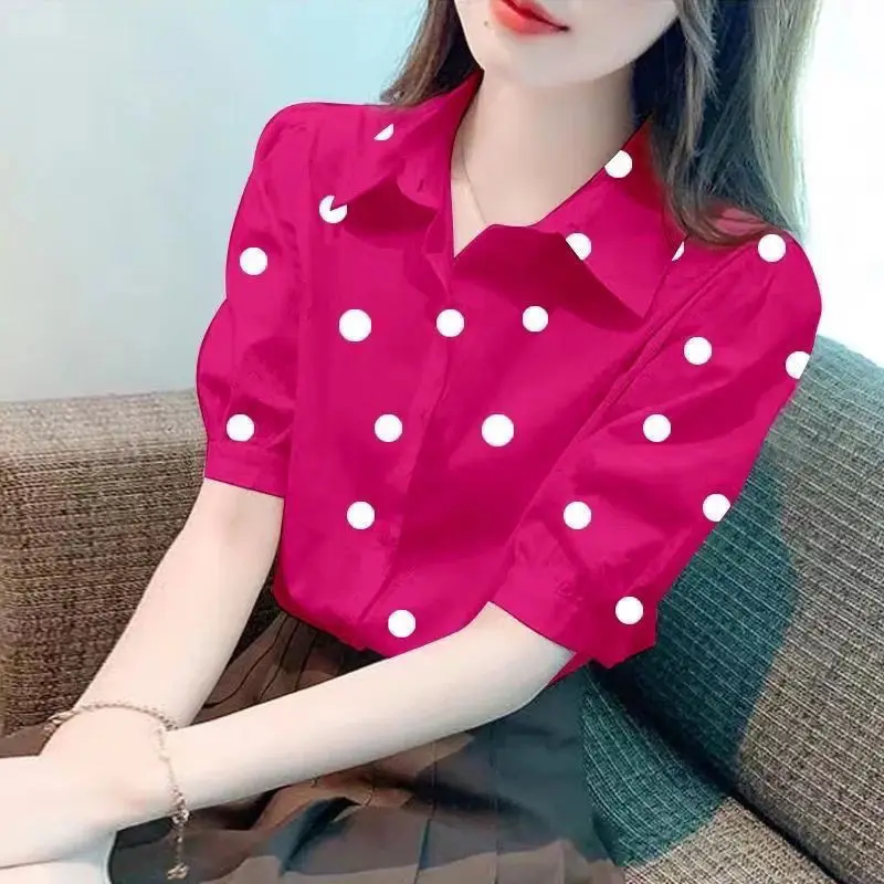 

Fashionable Polka Dot Print Loose Women's Shirt Summer 2025 Bubble Sleeve Top Elegant Stylish Short Sleeve Collar Blouse