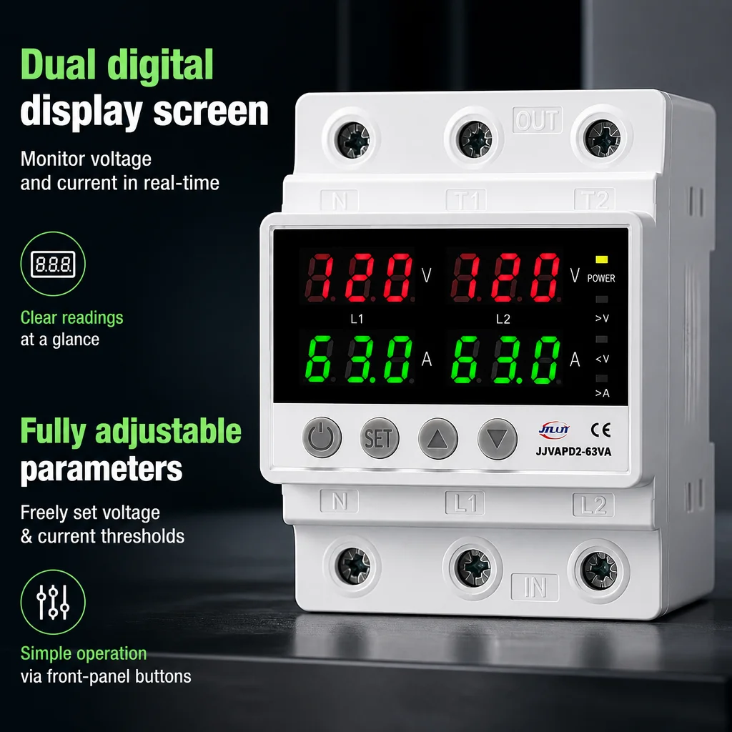 JIUJI 63A 120V DIN Rail 2P Voltage Current Protector AC80-180V Over/Under Voltage Overcurrent Protection Auto Recovery Monitor