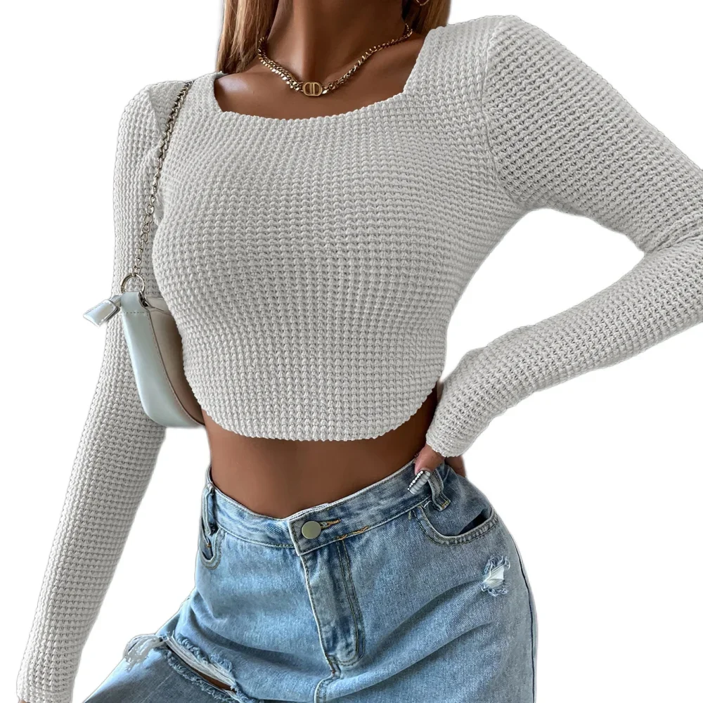 DZ-DZ Women Y2k Aesthetic Suqare Neck Waffle Knitted Crop Tops Casual Long Sleeve Slim Fit Going Out Crop Tee Shirt