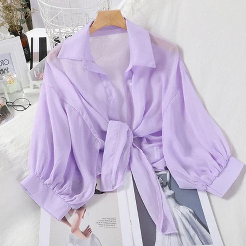 2024 Summer Women Chiffon Shirts Half Sleeve Buttoned Up Shirt New Loose Casual Blouse Tied Waist Elegant Blouses for Women 9776