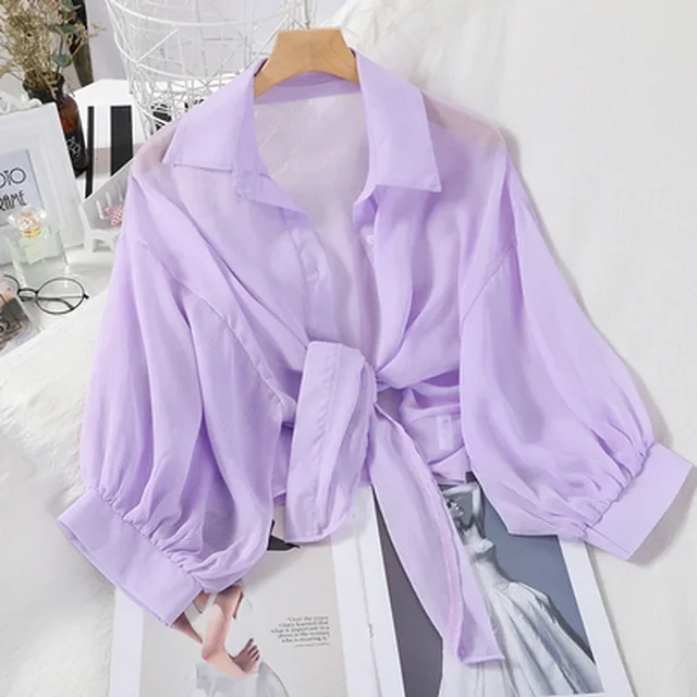 Casual Loose Hollow White Clothes Elegant Solid Color Tied Waist Blouse Women Summer Bat Half Sleeve Button Chiffon Shirt 5
