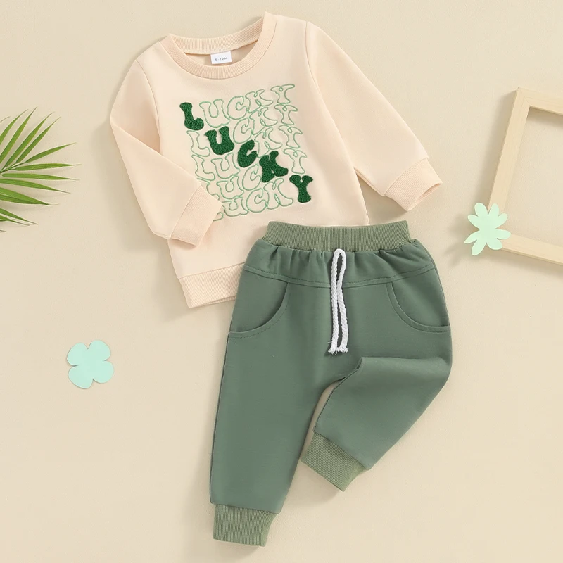 Baby Boys St Patrick s Day Shamrock Print Hoodie and Pants 2-Piece Outfit Set with Embroidered Letters