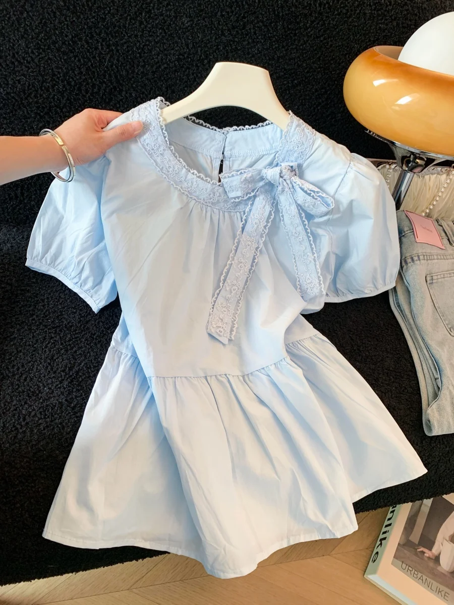 

Blue Short Sleeve Bubble Sleeve Top Women's Summer 2026 New Style Dopaamine Doll Shirt Small Size French Style Loose Fit