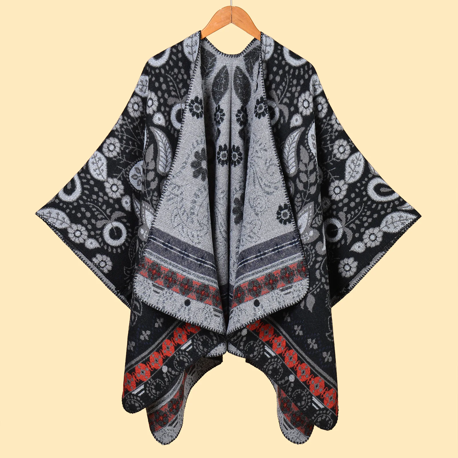 New Poncho Retro Imitate Cashmere High-Quality Jacquard Thickened Warm Cloak Women's Autumn/Winter Outdoor Cold-Proofing Cape P2