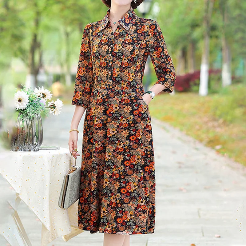 

Prairie Chic Turn-down Collar Floral Printing Spring Autumn Female Clothing Three Quarter Sleeve Button A-line Slim Dresses