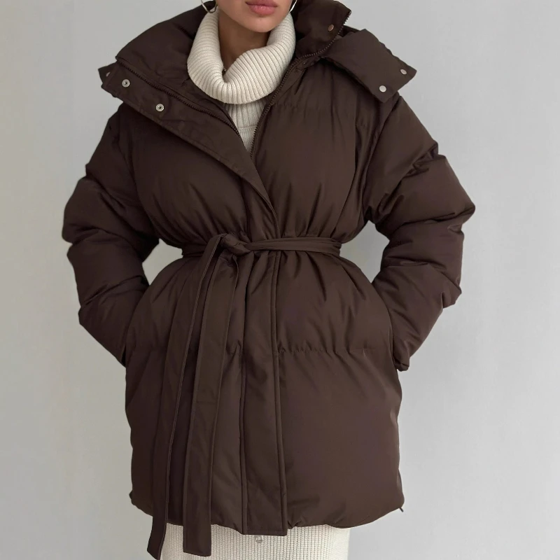 

2026 Autumn/winter New Fashionable Casual Waist-cinching Slimming Hooded Mid-length Bread Cotton-padded Brown Outerwear Women