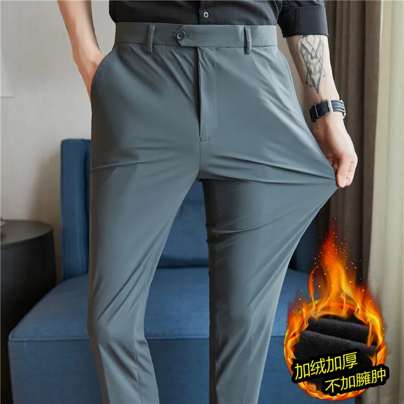 

Autumn Winter Thickened Velvet Elastic Casual Pants Fine Stripe High Quality Men Office Social Business Party Warm Trousers