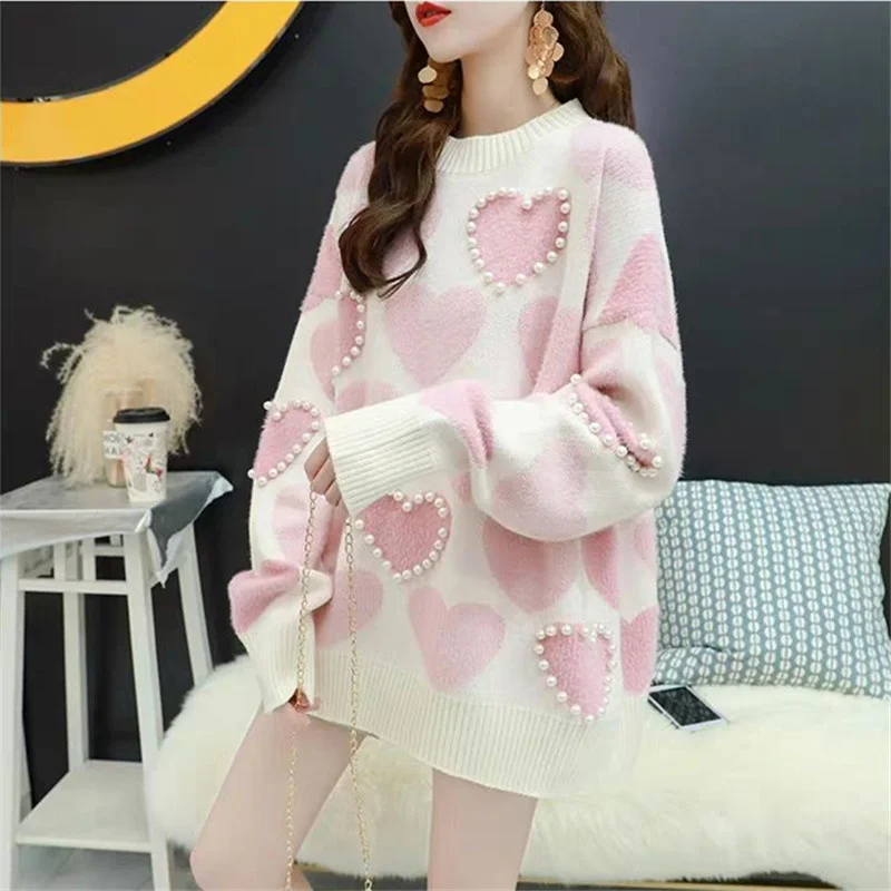 Spring Autumn New Korean Beaded Heart Printing Knitting Sweater Women Pullover Tops Korean Casual Long Sleeve Female Knit Jumper