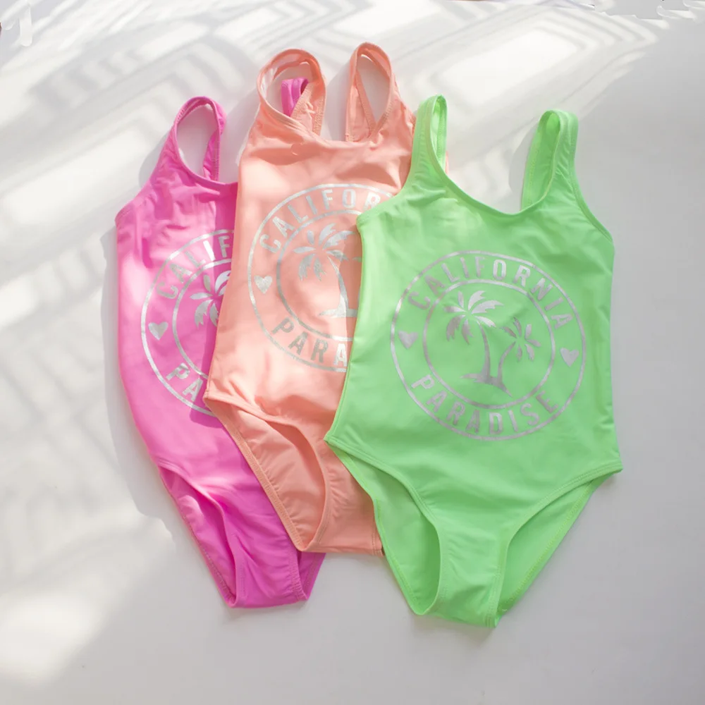 Euro-american Style Nylon One Piece Swimsuit for Girls Coconut Printing Simple Kids Bathing Suits 7-14 Years Swimwear