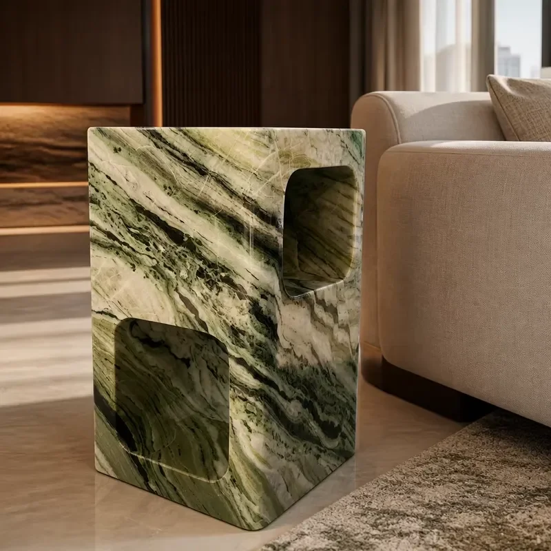 Minimalist Green Marble Rectangular Block Side Table with Hollow Cutouts and Polished Surface for Showroom Living Room