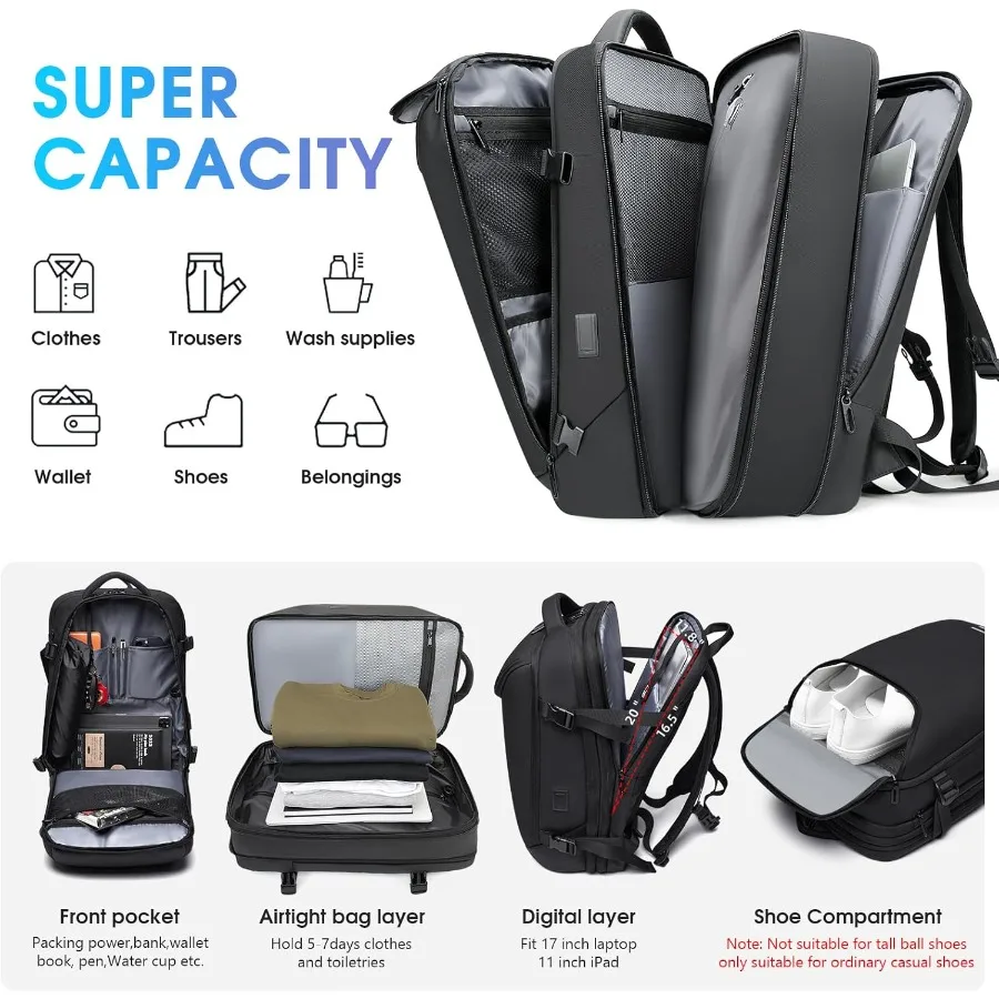 Vacuum Travel Backpack with Pump 50L Expandable Compression Backpack With Vacuum Seal 17.3 Inch Water Resistant Business Laptop