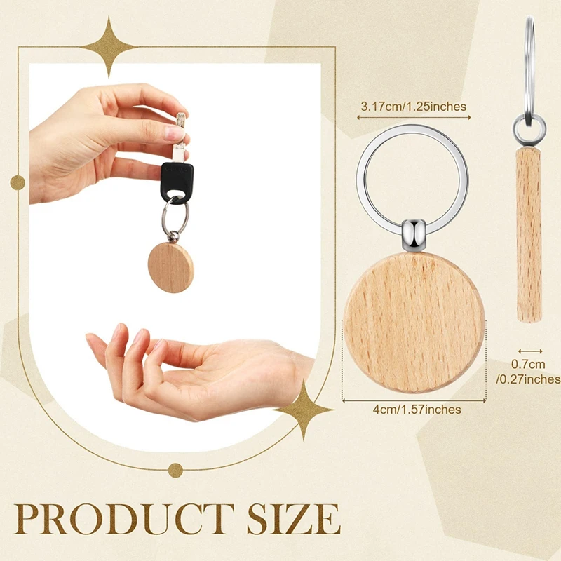 100 Pcs Blanks Unfinished Wooden Key Ring Key Tag DIY Keychain For DIY Crafts(Round+Rectangle)
