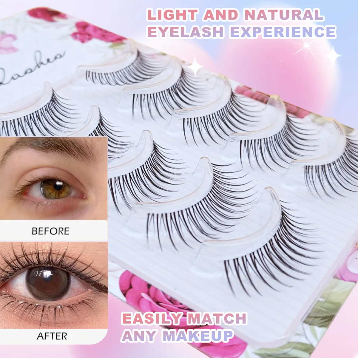 Attraktive 5-Paar falsche Wimpern: Schlanke natürliche Locken, Katzenaugen-Cartoon-Stil, transparentes Band, Vollstreifen-Wimpern, geeignet für den Alltag