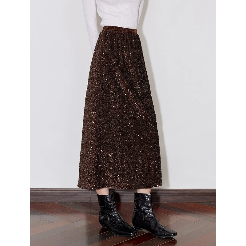 TOYOUTH Women Skirt 2024 Autumn New Pearl Velvet Nack Slit H Shape Elastic Waist Mid Length Skirt