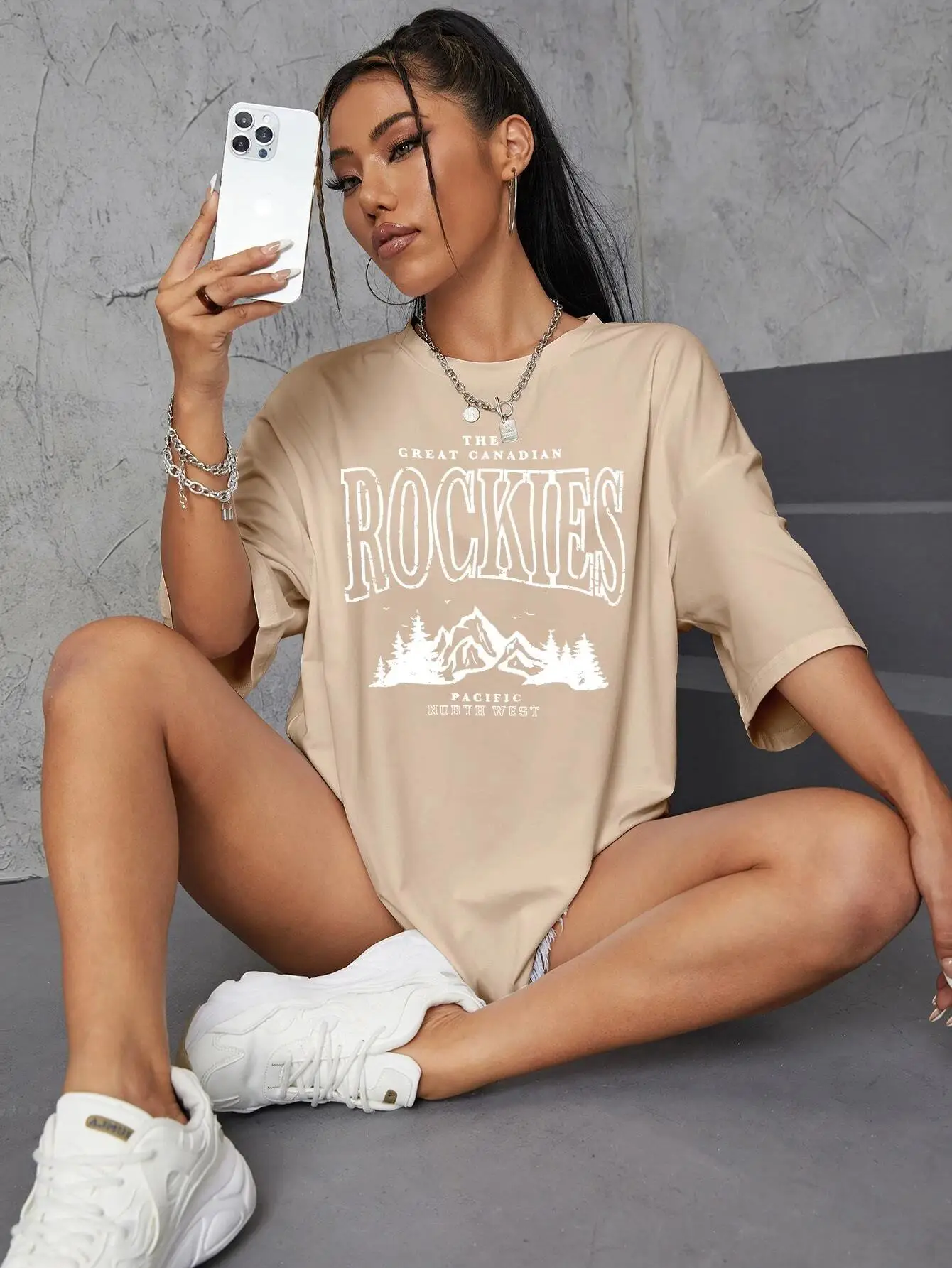 Rockies Letter Printed Tops Cotton T-Shirts For Womens Fashion Casual Soft Short Sleeve Loose Tees Comfortable Street Clothes