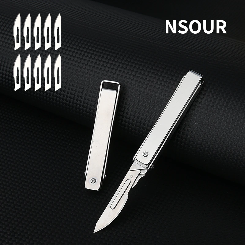 Multi functional stainless steel wallpaper scalpel Crowbar solid EDC mini folding knife carving tool, send 10pcs24 # blade