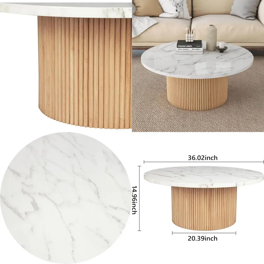 

Журнальный столик с мраморной столешницей в деревенском стиле, диаметр 36 дюймов, современное деревянное основание, центральное украшение для гостиной