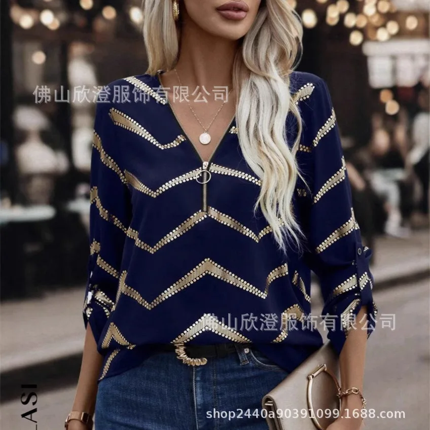 

2025 г. Женская повседневная рубашка в полоску с длинными рукавами и v-образным вырезом на молнии для женщин