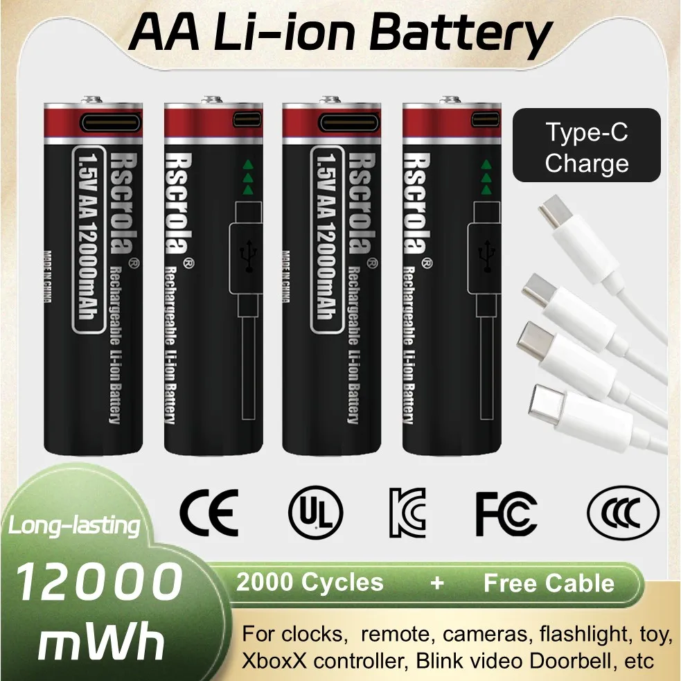 

Universal AA Li-Ion Battery,Rechargeable 12000mAh 1.5v Battery Long Lasting power for Camera,VR controller,Game Contorller,Toys