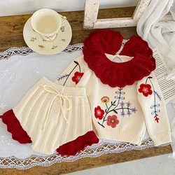 Newborn Baby Girls Clothes Set Long Sleeved Knitted Embroidered Pullover Sweater+PP Shorts Autumn Spring Children Clothing Suit