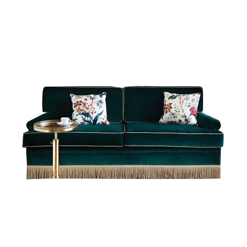 

French vintage tassel dark green velvet hotel B&B double triple sofa