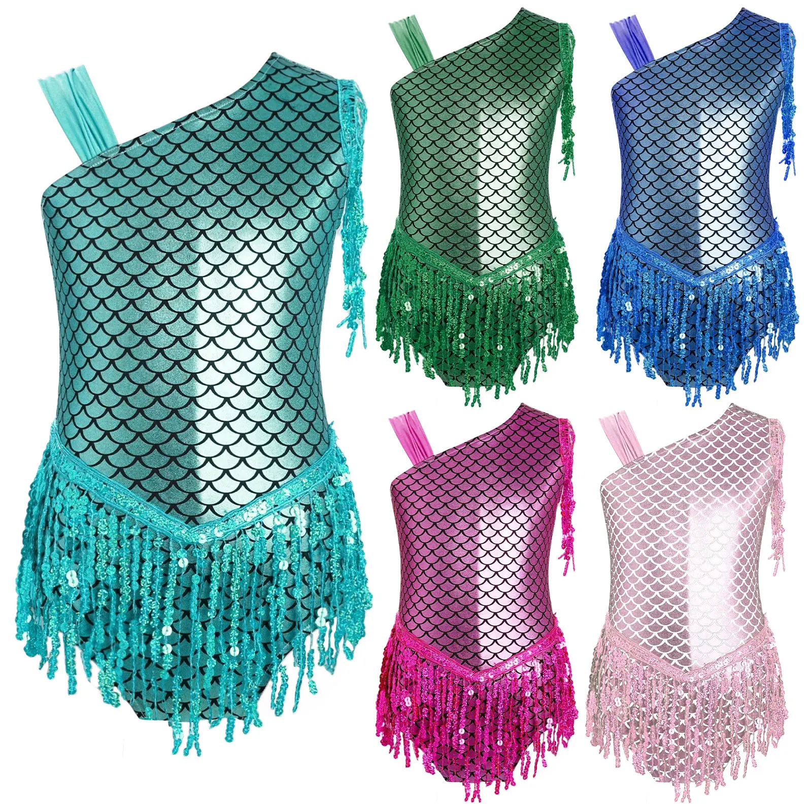 Children Girls Shiny Fish Scale Sequin Tassel Ballet Dance Leotard Halloween Mermaid Cosplay Costume Gymnastics Skating Bodysuit
