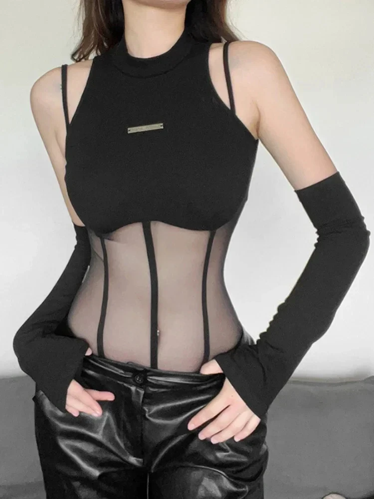 One-Piece Round Neck Sleeveless Festival Outfit Mesh Slightly Sheer Slim Lingerie Fashion Casual Solid Colour Bodysuit
