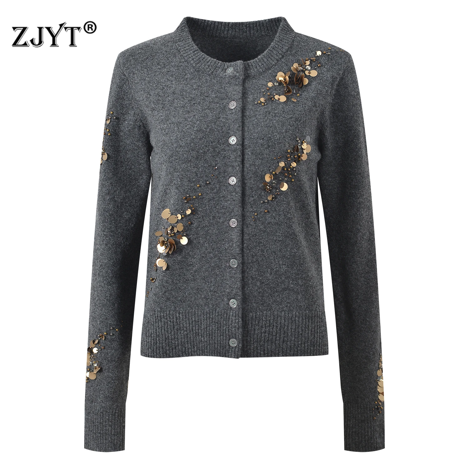 

ZJYT Spring Fashion Women Long Sleeve Knitted Cardigans Sweaters Sequined O Neck Single Breasted Grey Knitwears Jersey Mujer