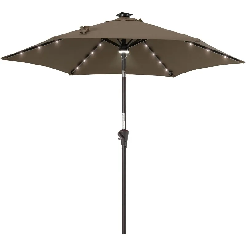 Parapluie d'extérieur solaire à LED, 7.5 pieds, 2 ans, marché en fer, ne se décolore pas, avec bouton poussoir, inclinaison et manivelle, senior