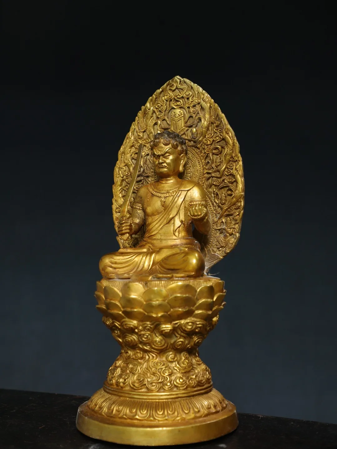 

14"Old China Collections Old Bronze Gilded Cinnabar Acalanatha Buddha Fudosan Backlight Lotus Sitting Buddha Worship Hall