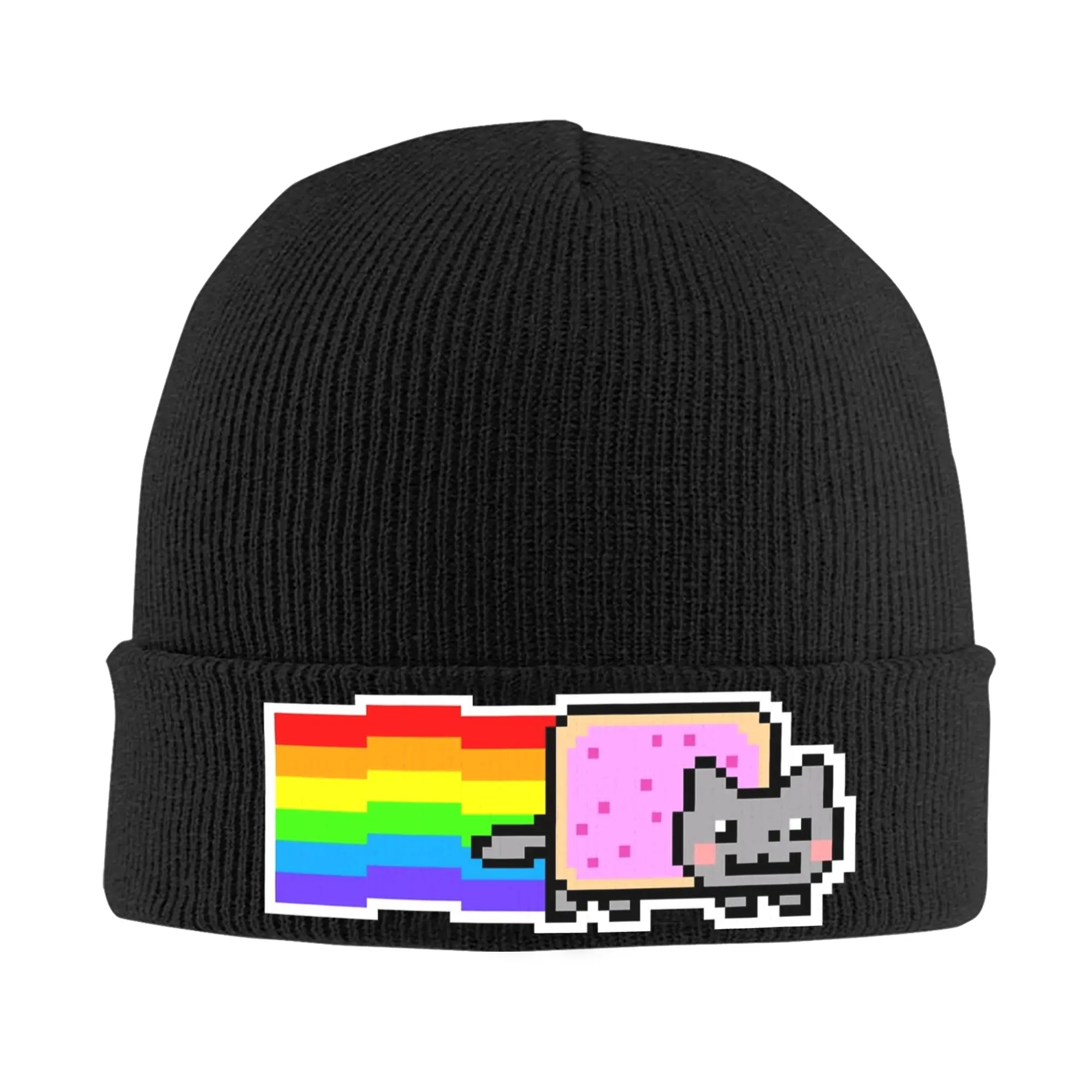 Cat Rainbow Pixel Nyans Knitted Hat for Women Men Skullies Beanies Winter Hat Acrylic  Hip Hop Cap