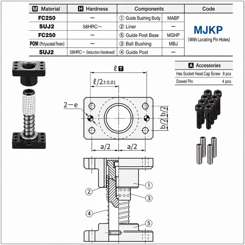 Heavy Duty MJKP Ball Bearing Guide Post Set Fixed Stop Ring Type FC250 POM for Stamping Mold Guidance JIS Standard