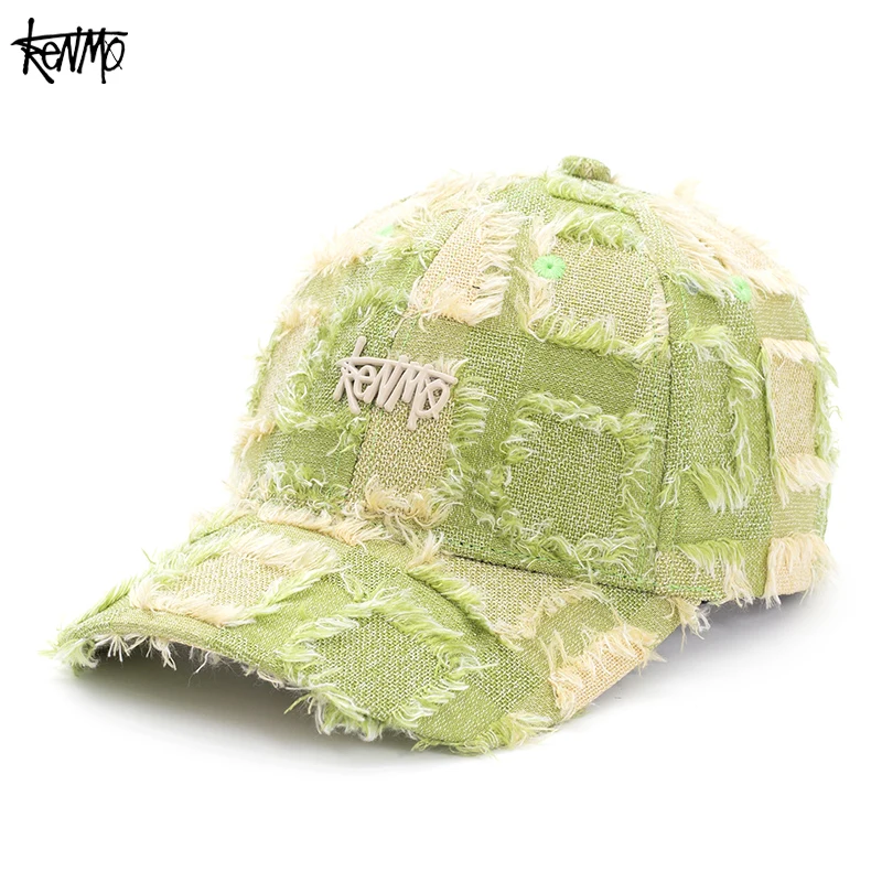 KENMO plush-edge baseball cap, trendy hip-hop distressed washed baseball cap, Korean version, Instagram style, checkered pattern