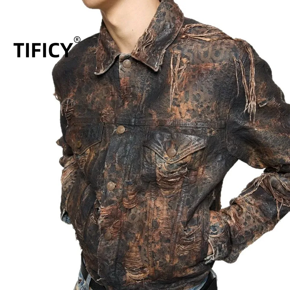 High Street Jackets Men's Coating Retro Distressed Worn-out Letters Burned and Eroded Lapel Denim Jacket