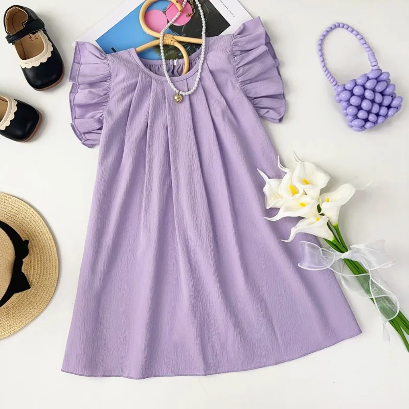 2024 New Spring Kids Dress 3-7Y Girls Lovely Simplicity Flying Sleeve Clothes Children Dress Kids Dresses for Girls