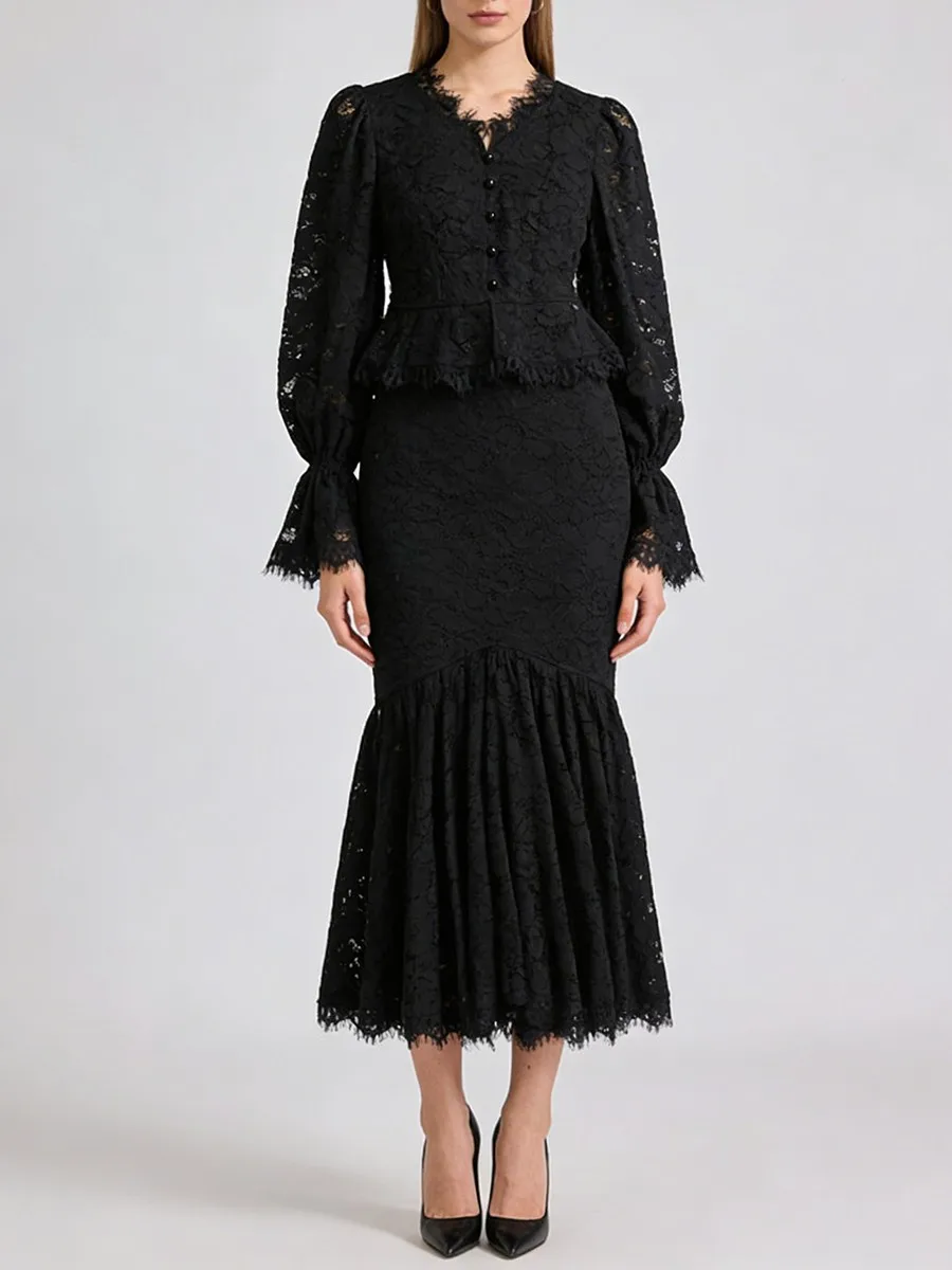 TWOTWINSTYLE Slimming Sheer Spliced Lace Two Piece Sets for Women V Neck Long Sleeves High Waist Irregular Skirt Set Female New image 3