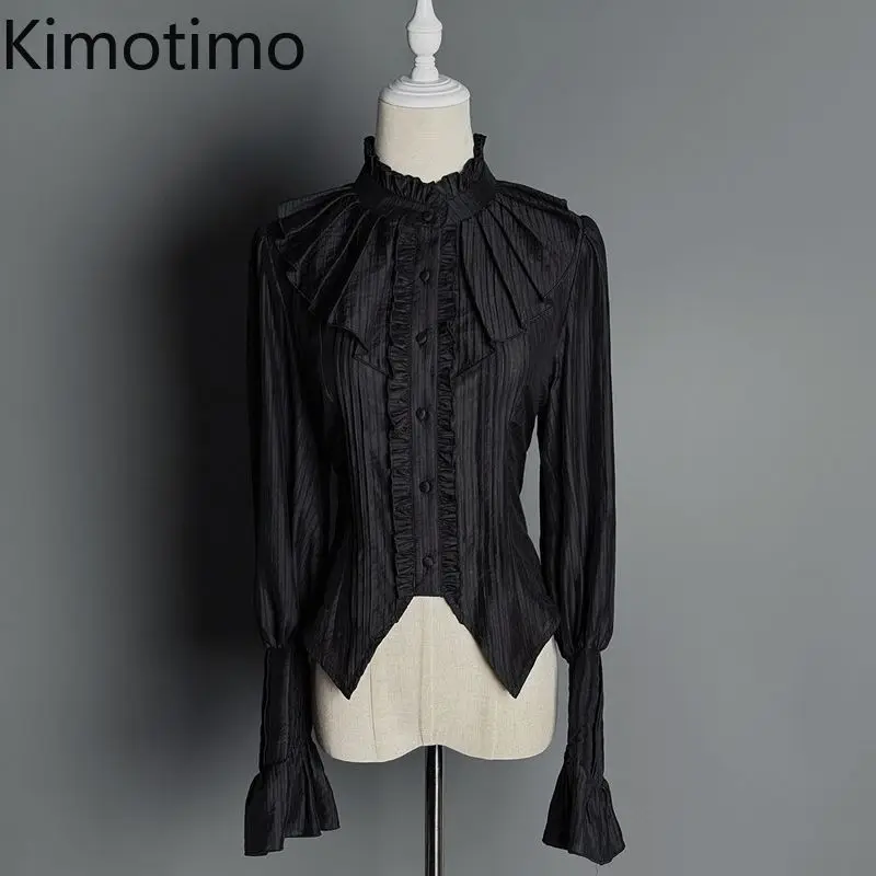 

Kimotimo Vintage Palace Style Long Sleeve Shirts Women 2026 Elegant Ruffled Stand Collar Slim Waist Tops Harajuku Gothic Blouses