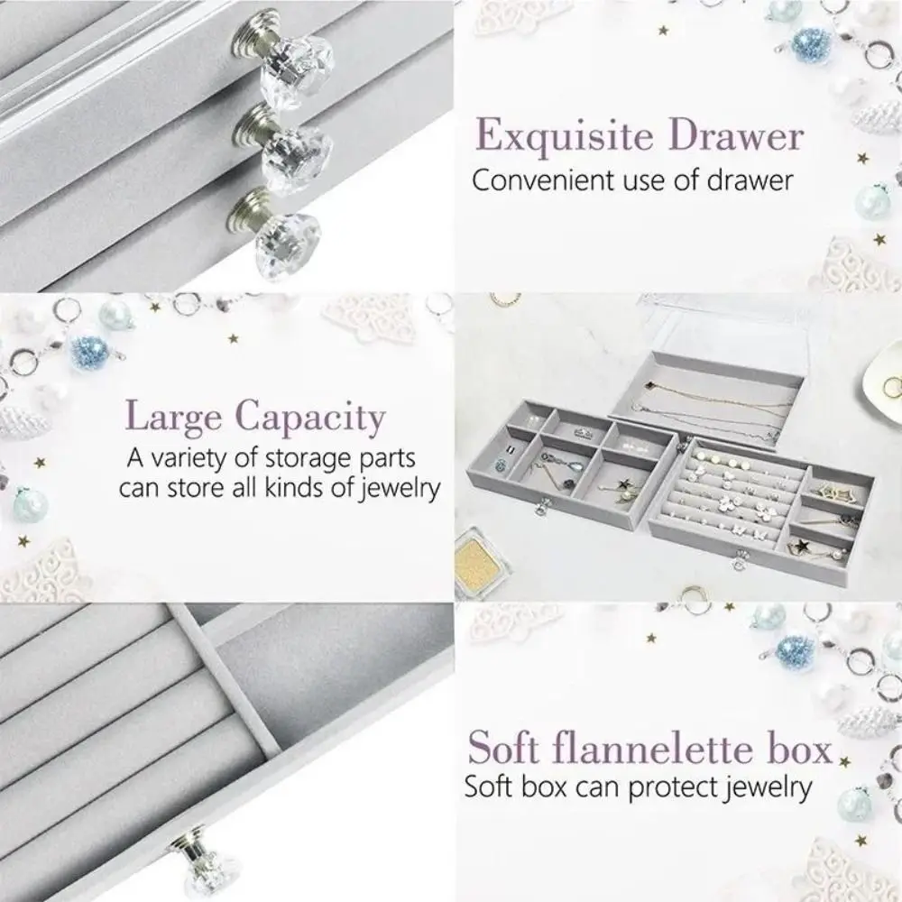 High-Capacity Flannel Jewelry Box 3-Layer Acrylic Earrings Necklaces Storage Oxidation-resistant Transparent