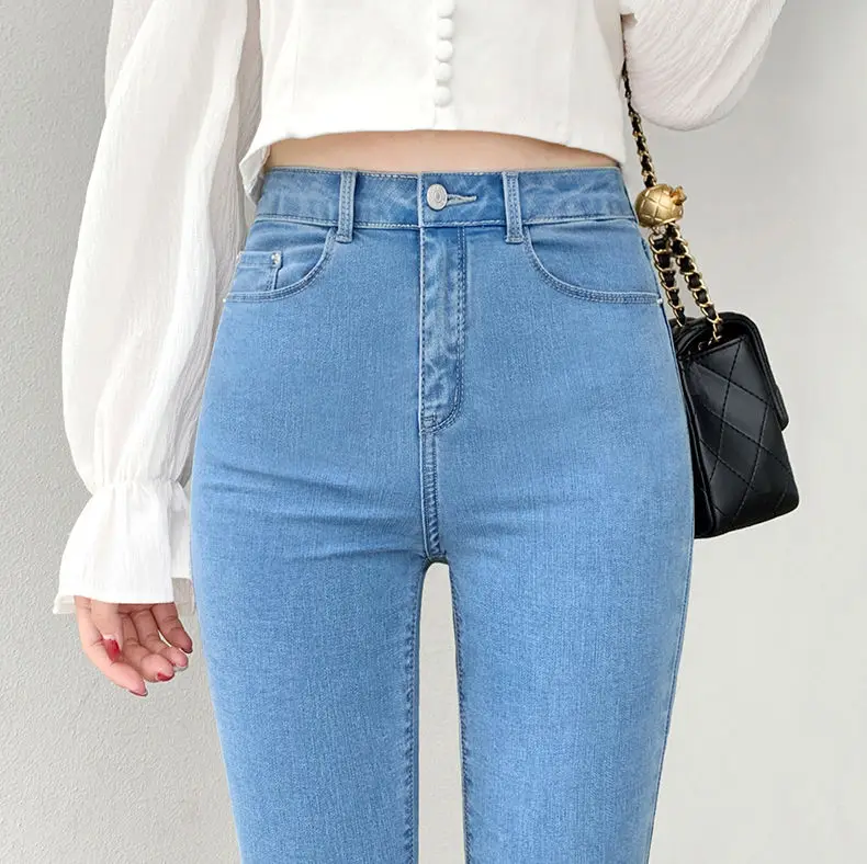 

ex plus Size Джинсовые джинсы с высокой талией Slim Fit Nine Points Брюки-карандаш Весна Осень Эластичные джинсы большого размера для мужчин и женщин