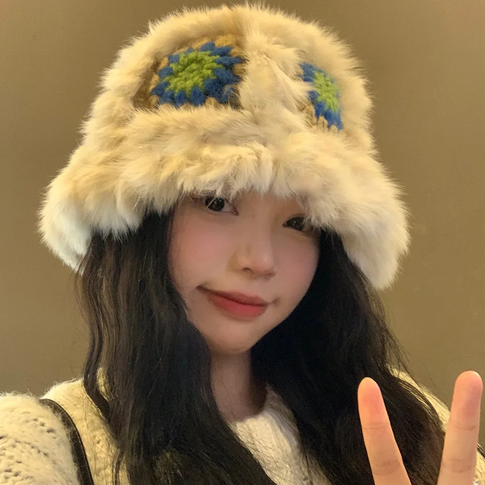 

Plush bucket hat women's winter rabbit fur knitted wool hat showing a small face, warm lion hat, big head circumference wool hat