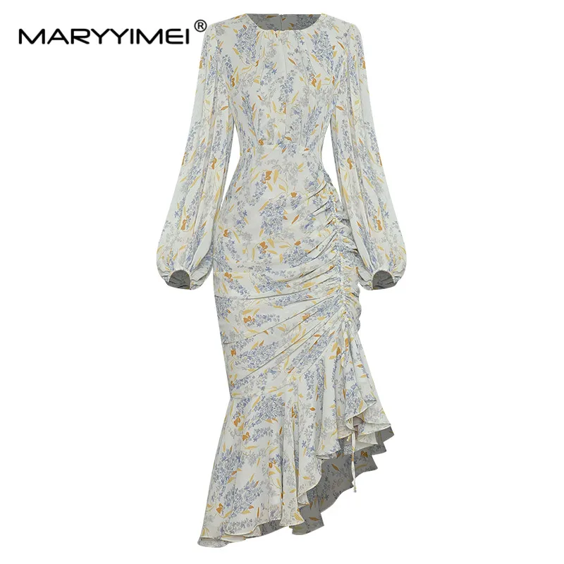 MARYYIMEI Fashion Designer Summer Irregular Dress Women's Lantern Sleeve Draped Print Holiday Asymmetrical Party Dress