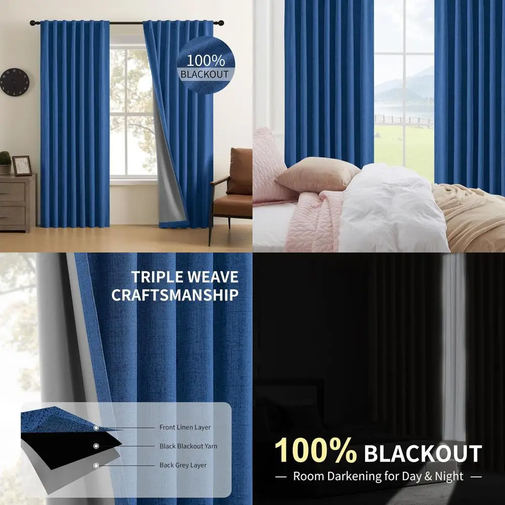 

Темно-синие плотные шторы из 100% льна, длина 108, комплект из 2 панелей с задней вкладкой и карманом для стержней, теплоизоляция для гостиной