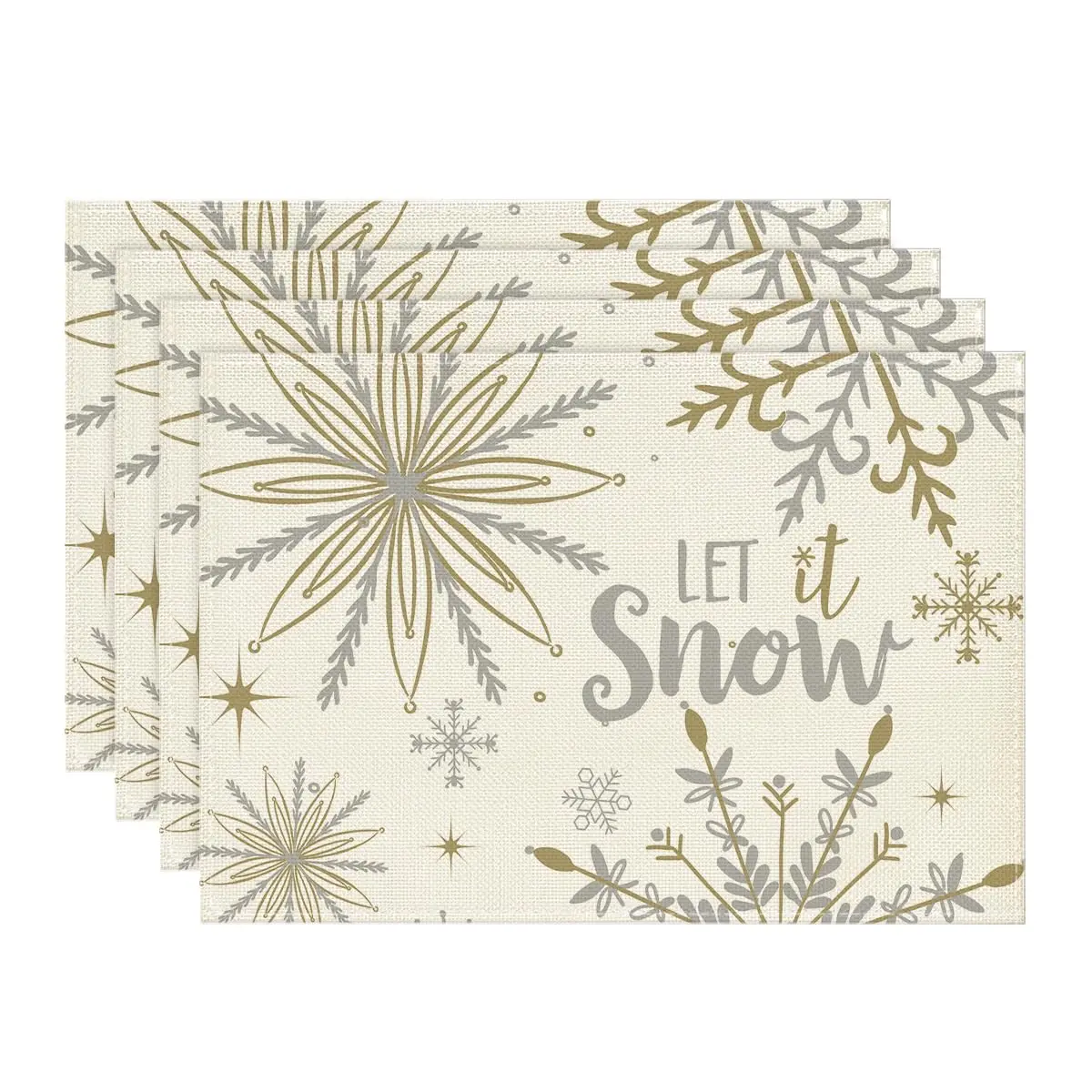 Beige Snowflake Let It Snow Winter Placemats Set of 4, 12x18 Inch Seasonal Christmas Table Mats for Party Kitchen Dining Decor